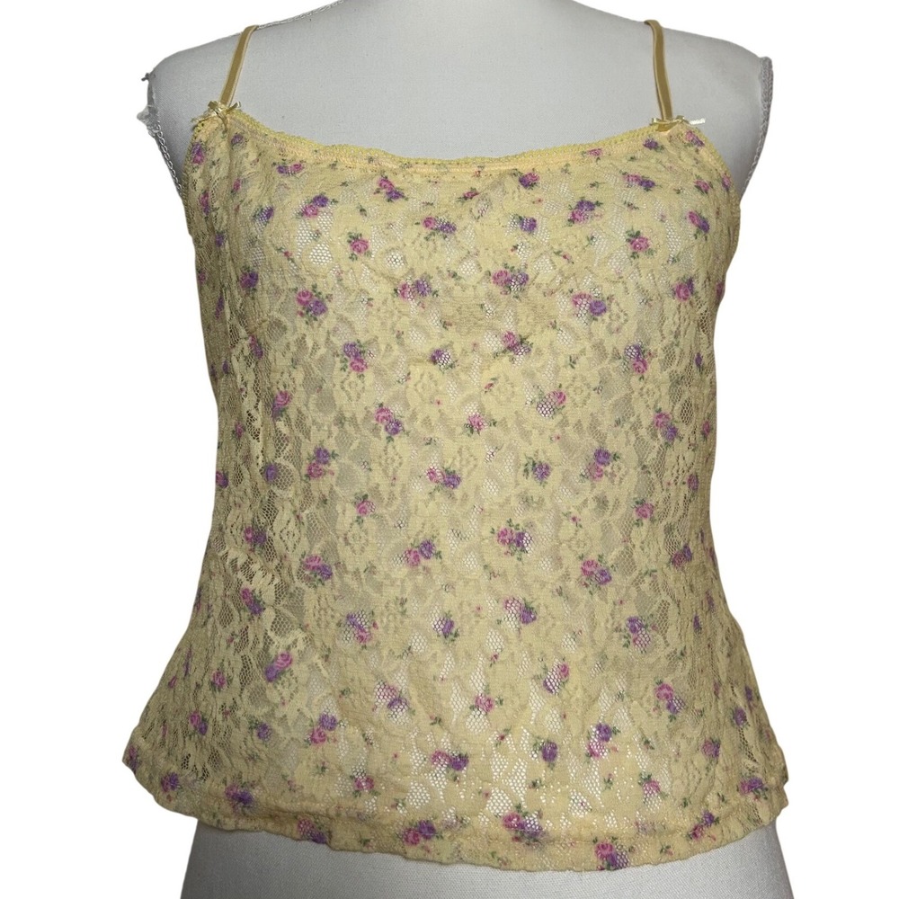 Yellow Floral Lace Cami Top Women's XL Vintage Y2K Sheer Coquette Spring‎ Pastel